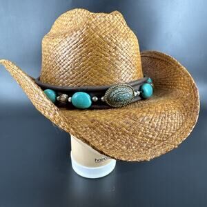 Shady Brady Straw Hat Medium Western USA Brown Band Turquoise/Stone Details